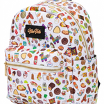 A white mini backpack with an all-over colorful food and drink illustration print, featuring a black top handle, gold zippers, and a black 'Lounge Deits' brand patch on the front.